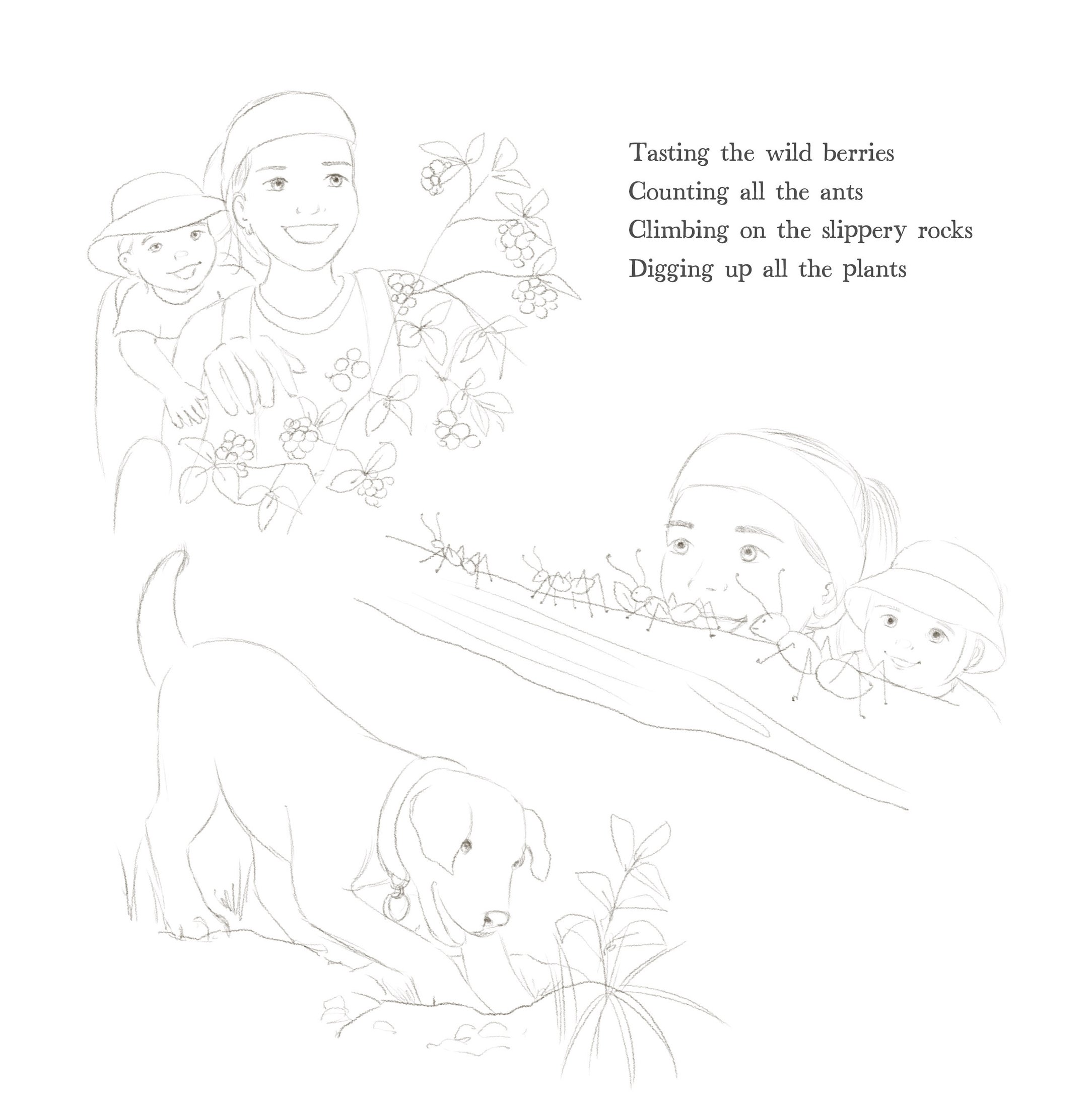 Refined black and white line art of a berry-picking scene from 'Walk in the Woods'.